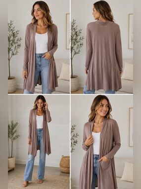 Isaac Liev Taupe Long Open Front Cardigan Duster Ruched Back Neck